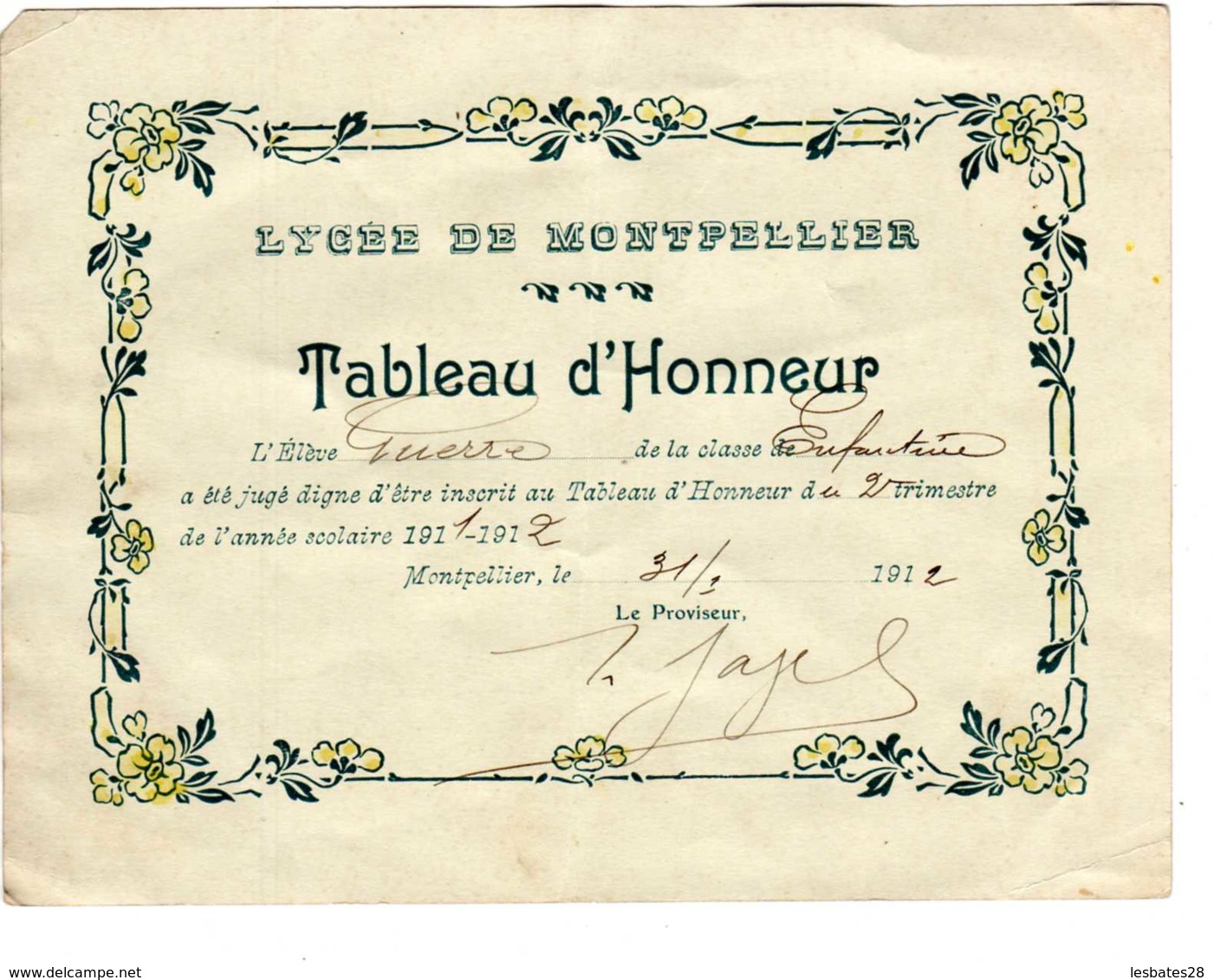 LYCEE DE MOTPELLIER  TABLEAU D'HONNEUR 1912 -DESC2019 GERA ALB - Diplômes & Bulletins Scolaires