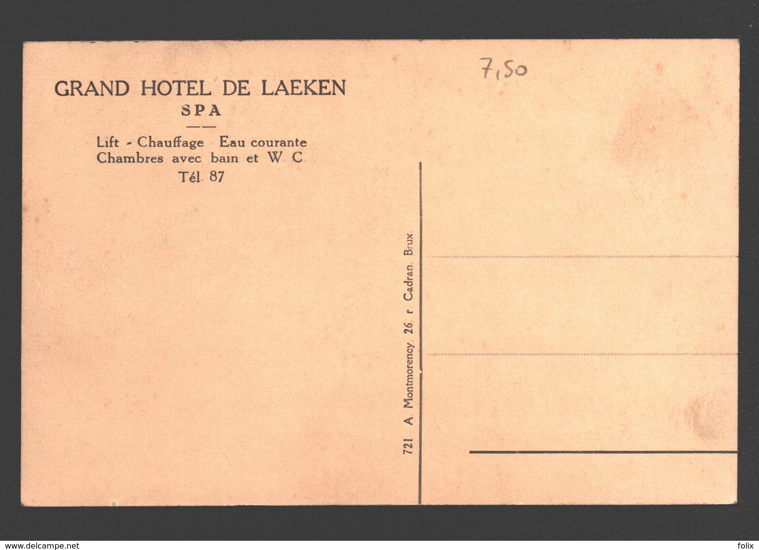 Spa - Hôtel De Laeken Et Annexe Et Entrée Du Jardin Du Casino - Grand Hôtel De Laeken - Carte Publicitaire - Spa