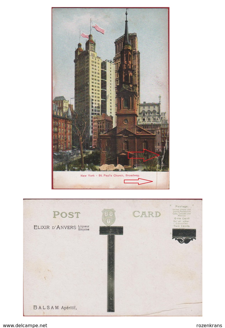 New York St Pauls Church Broadway United States USA Reclame Elexir D'Anvers Antwerpen Liqueur Balsam Aperitif Postcard - Manhattan