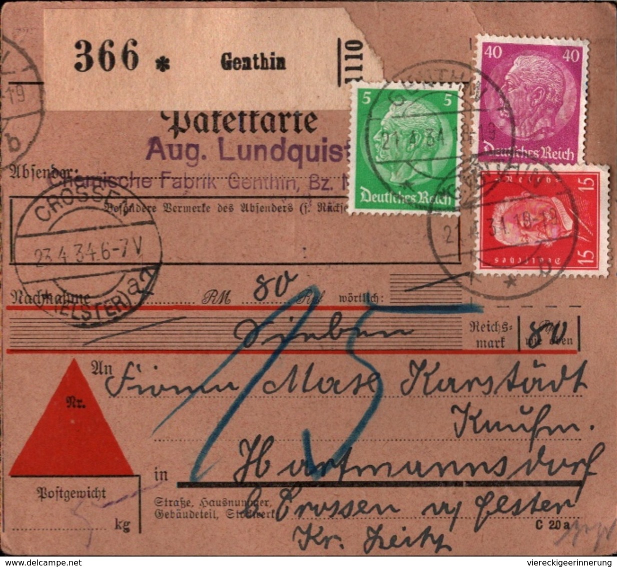 ! 1934 Nachnahme Paketkarte Deutsches Reich, Genthin, Crossen Elster - Cartas & Documentos