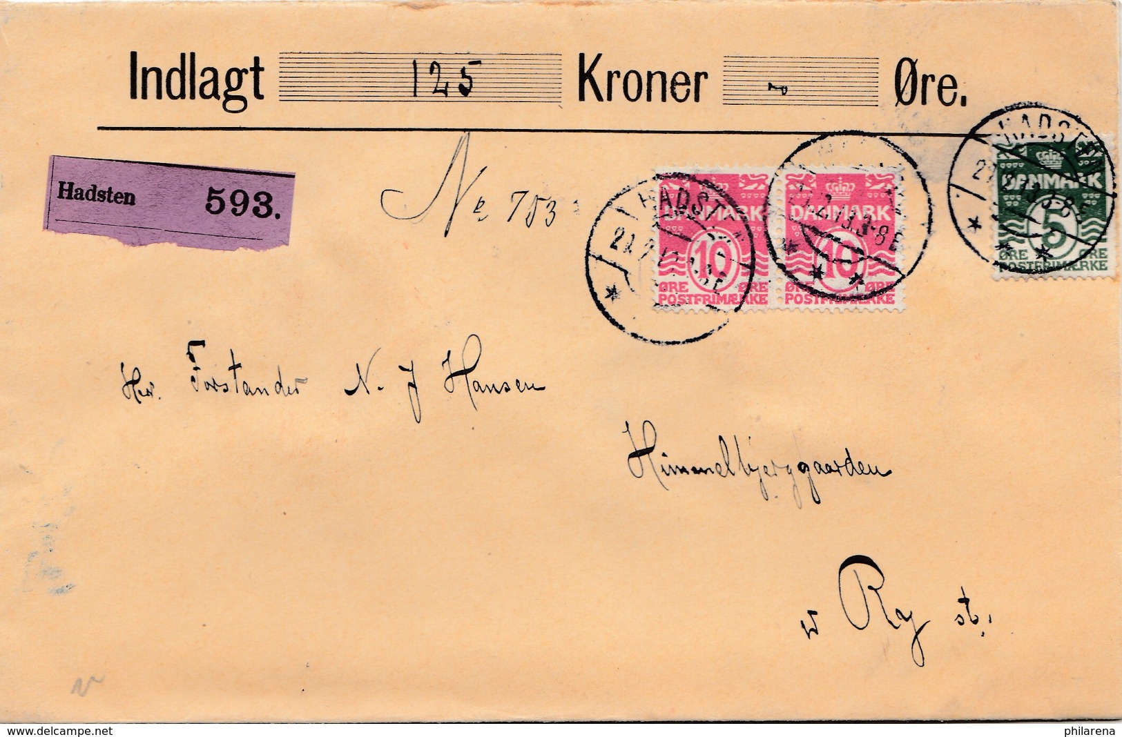 Dänemark: 1913: Wertbrief Hadsten Nach Ry - Sonstige & Ohne Zuordnung