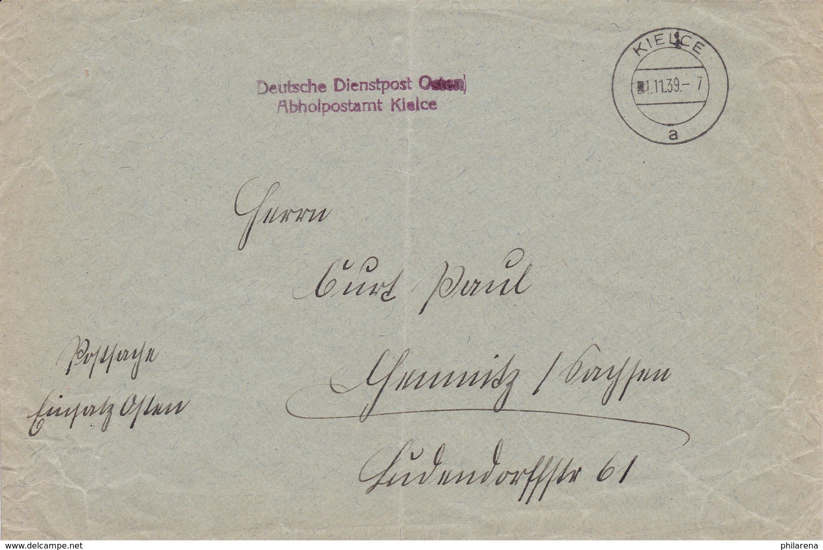 GG: Früher Postsache Brief 1.11.1939 Von Kielce Nach Chemnitz, Einsatz Osten - Besetzungen 1938-45