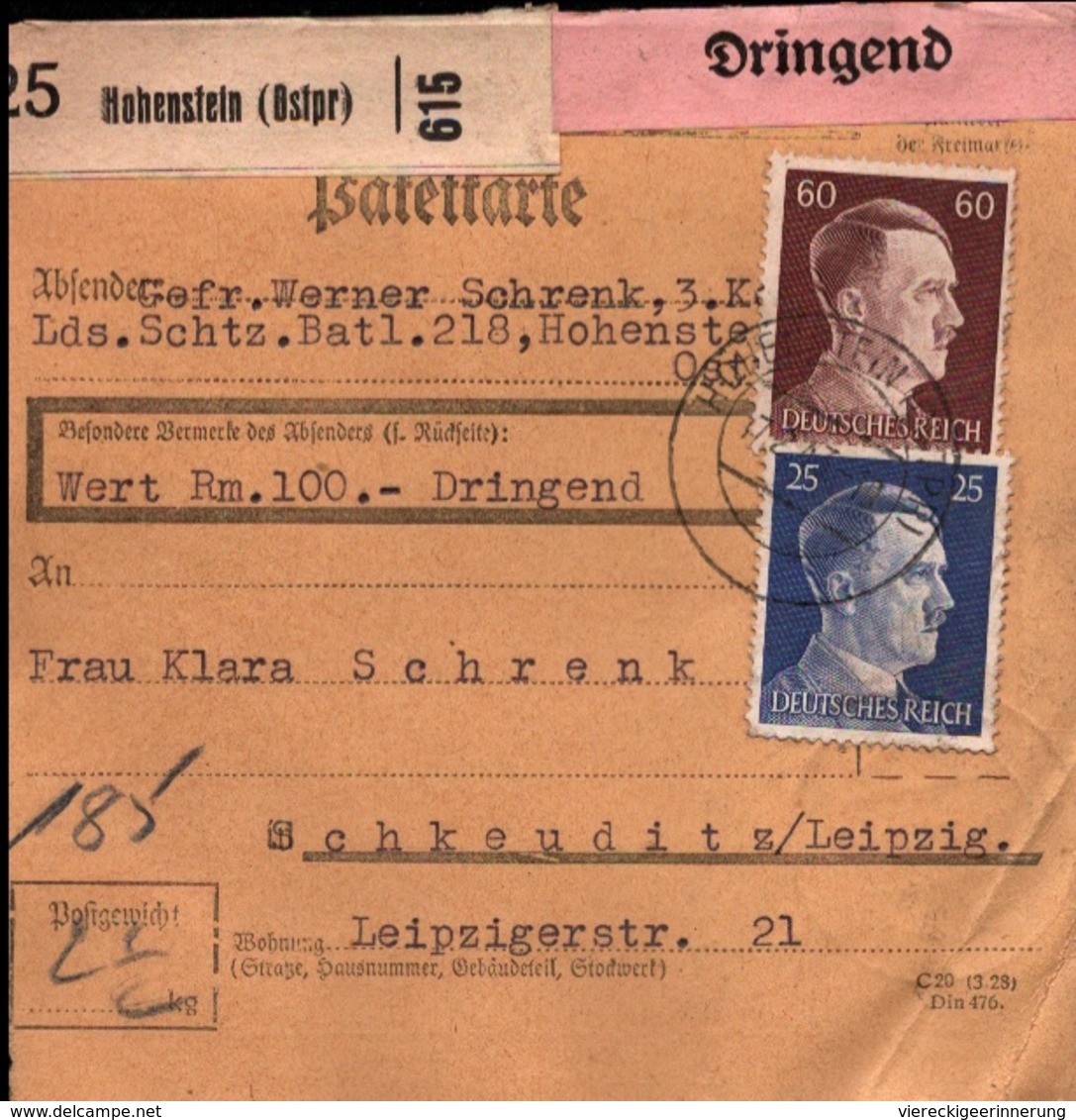 ! 1943 Paketkarte Deutsches Reich, Hohenstein In Ostpreußen - Briefe U. Dokumente