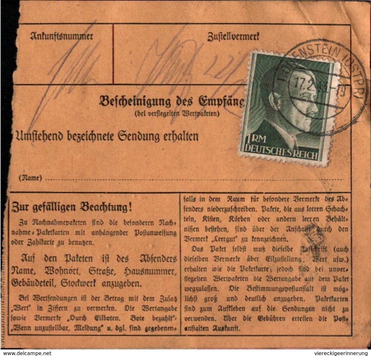 ! 1943 Paketkarte Deutsches Reich, Hohenstein In Ostpreußen - Briefe U. Dokumente