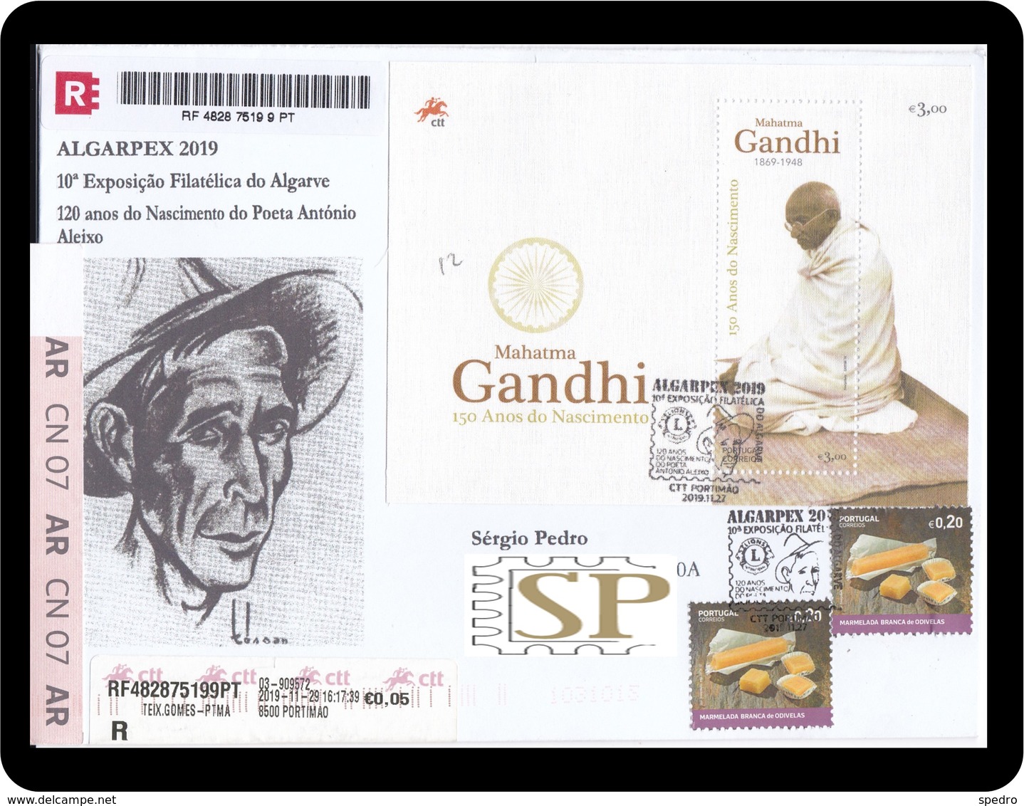 Portugal 2019 150 Mahatma Gandhi History Great Man Portimão António Aleixo Special Postmark Cachet Temporarie - Mahatma Gandhi