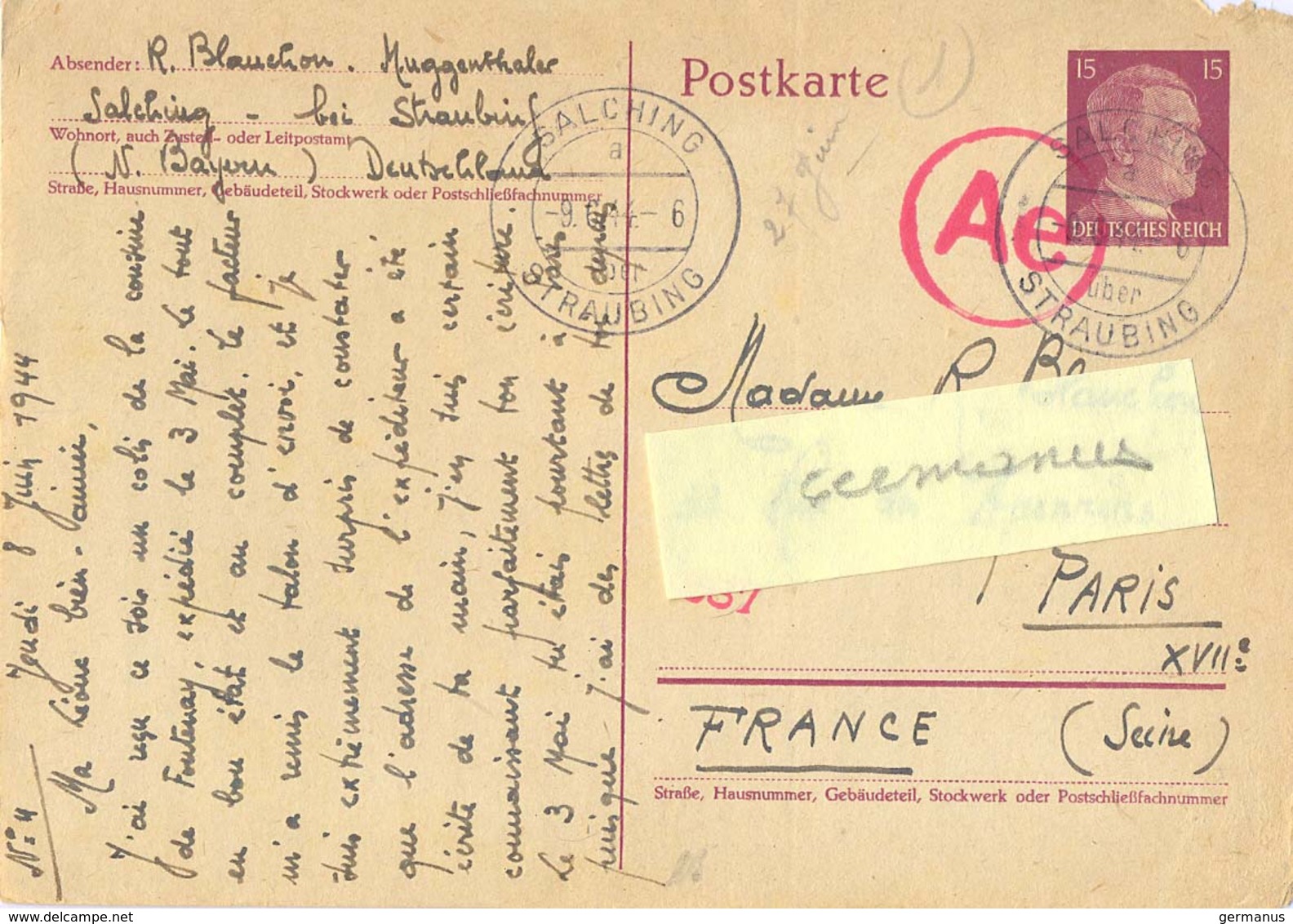 GUERRE 39-45 POSTKARTE D'un STO SALCHING STRAUBING TàD 9.6.44 Avec CENSURE Ae 587 - Guerre De 1939-45