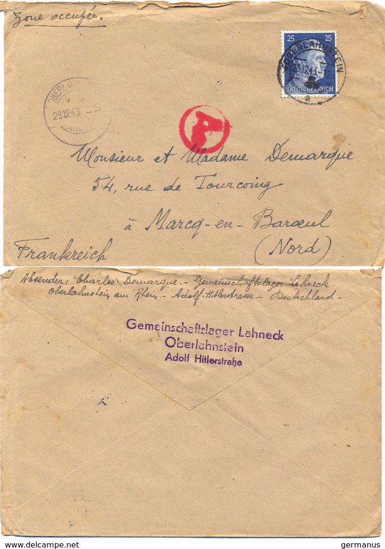 GUERRE 39-45 LETTRE D'un STO à OBERLAHNSTEIN Adolf Hitlerstraße TàD 28.12.43 - Guerre De 1939-45