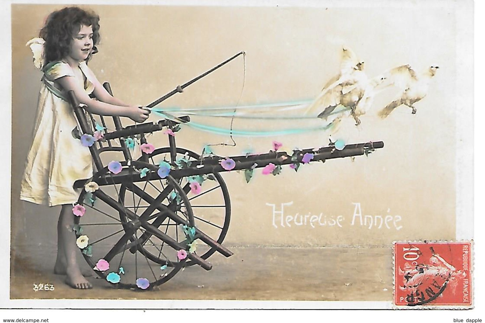 Girl, Mädchen, Fille, Ragazza, Cart, Panier, Wagen, Doves, Colombe, Pigeon,Taube - Nouvel An