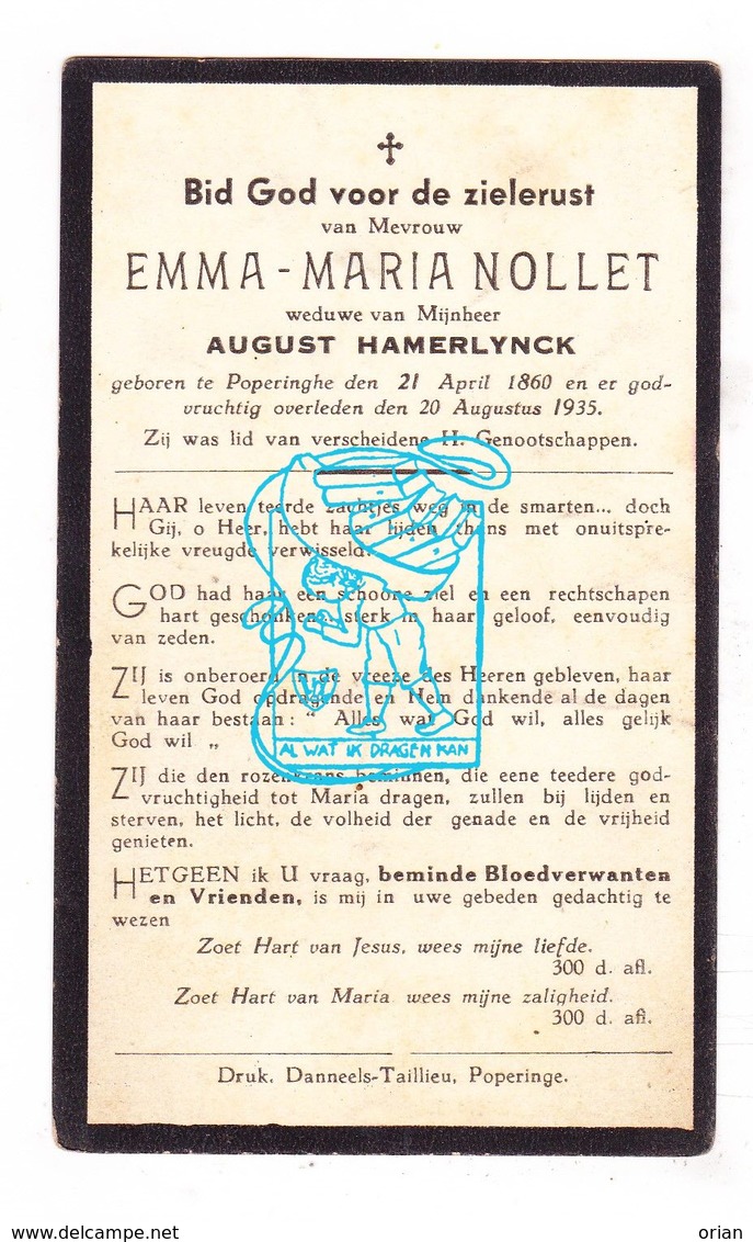 DP Emma M. Nollet ° Poperinge 1860 † 1935 X Aug. Hamerlynck Hamerlinck - Images Religieuses