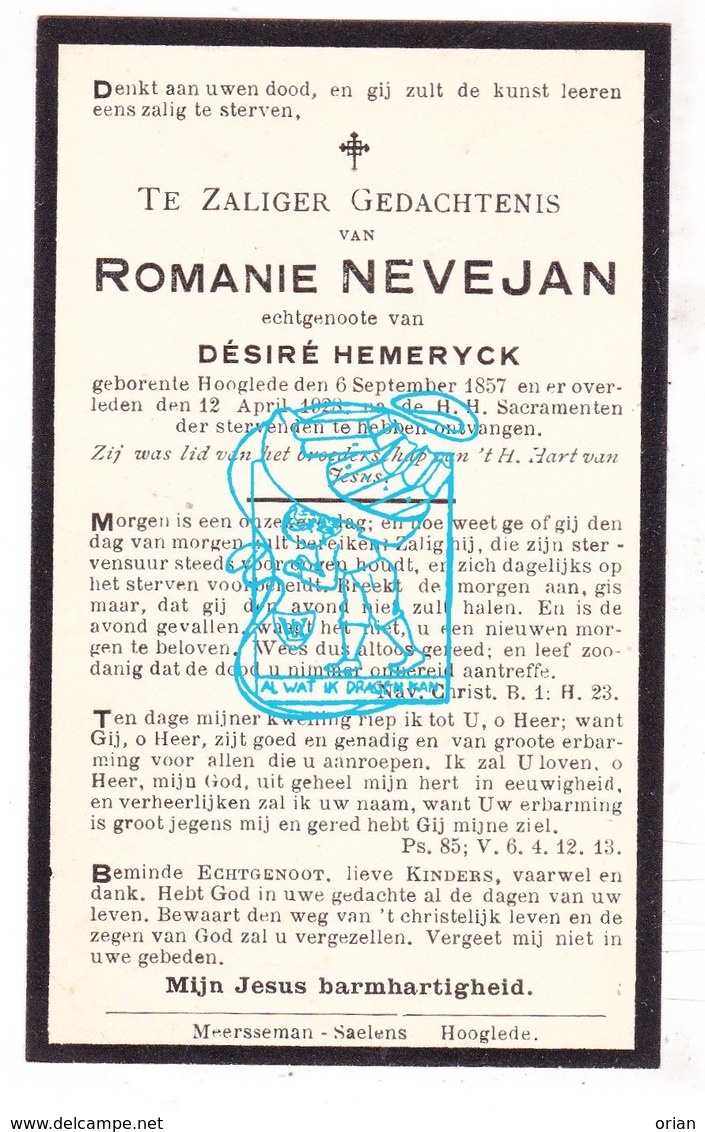 DP Romanie Nevejan ° Hooglede Gits 1857 † 1928 X Désiré Hemeryck - Images Religieuses