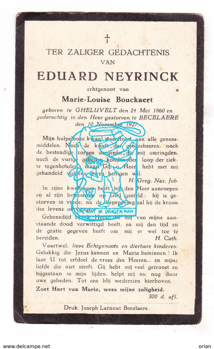 DP Eduard Neyrinck ° Geluveld 1860 † Beselare 1927 X ML. Bouckaert / Zonnebeke - Images Religieuses
