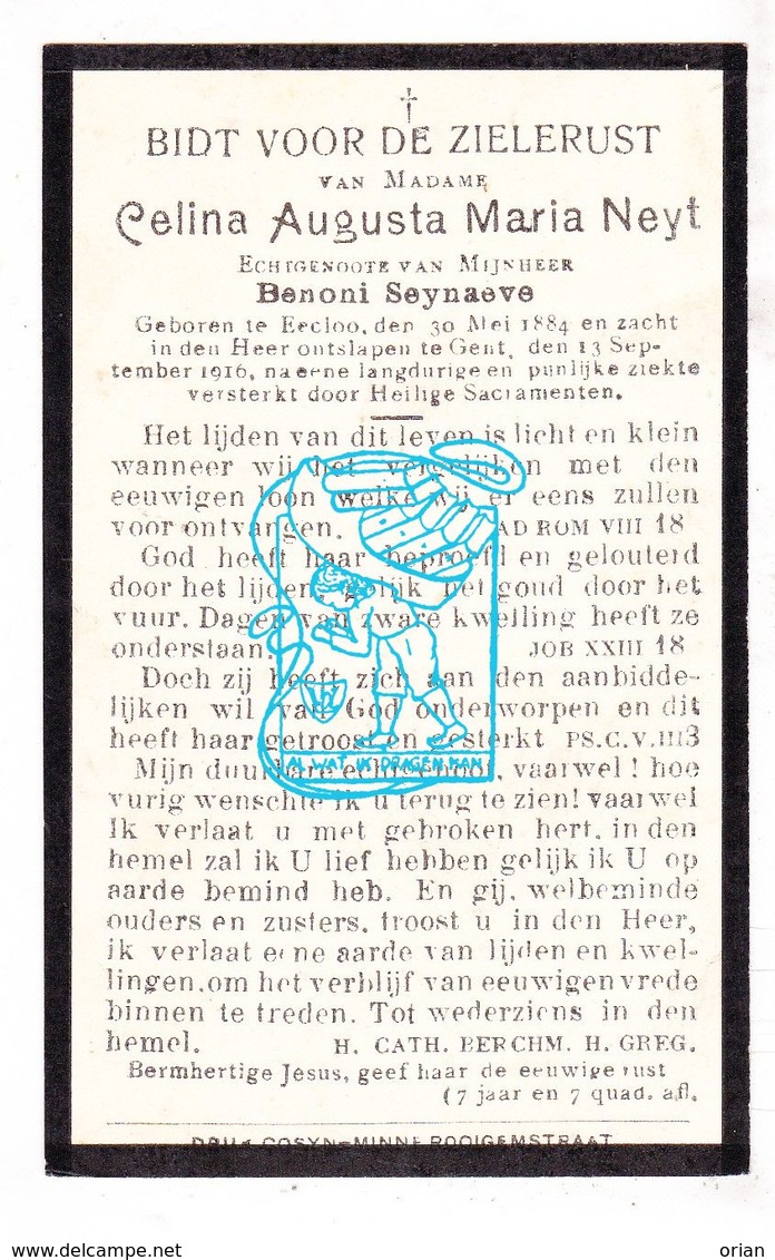 DP Celina Augusta M. Neyt 32j. ° Eeklo 1884 † Gent 1916 X Benoni Seynaeve - Images Religieuses