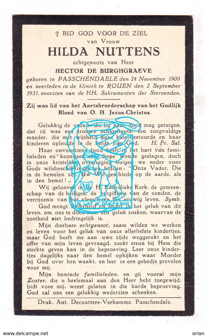 DP Hilda Nuttens 30j. ° Passendale Zonnebeke BEL 1900 † Rouen FR Normandie 1931 X Hector De Burghgraeve - Images Religieuses