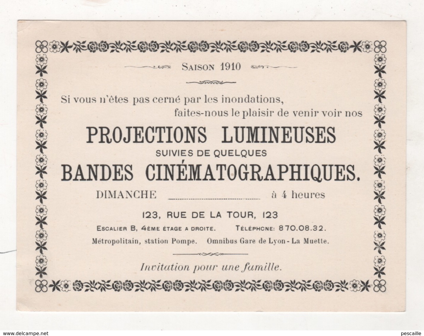 1910 PARIS INONDATIONS - CARTON INVITATION PROJECTIONS LUMINEUSES SUIVIES DE QUELQUES BANDES CINEMATOGRAPHIQUES - Werbetrailer