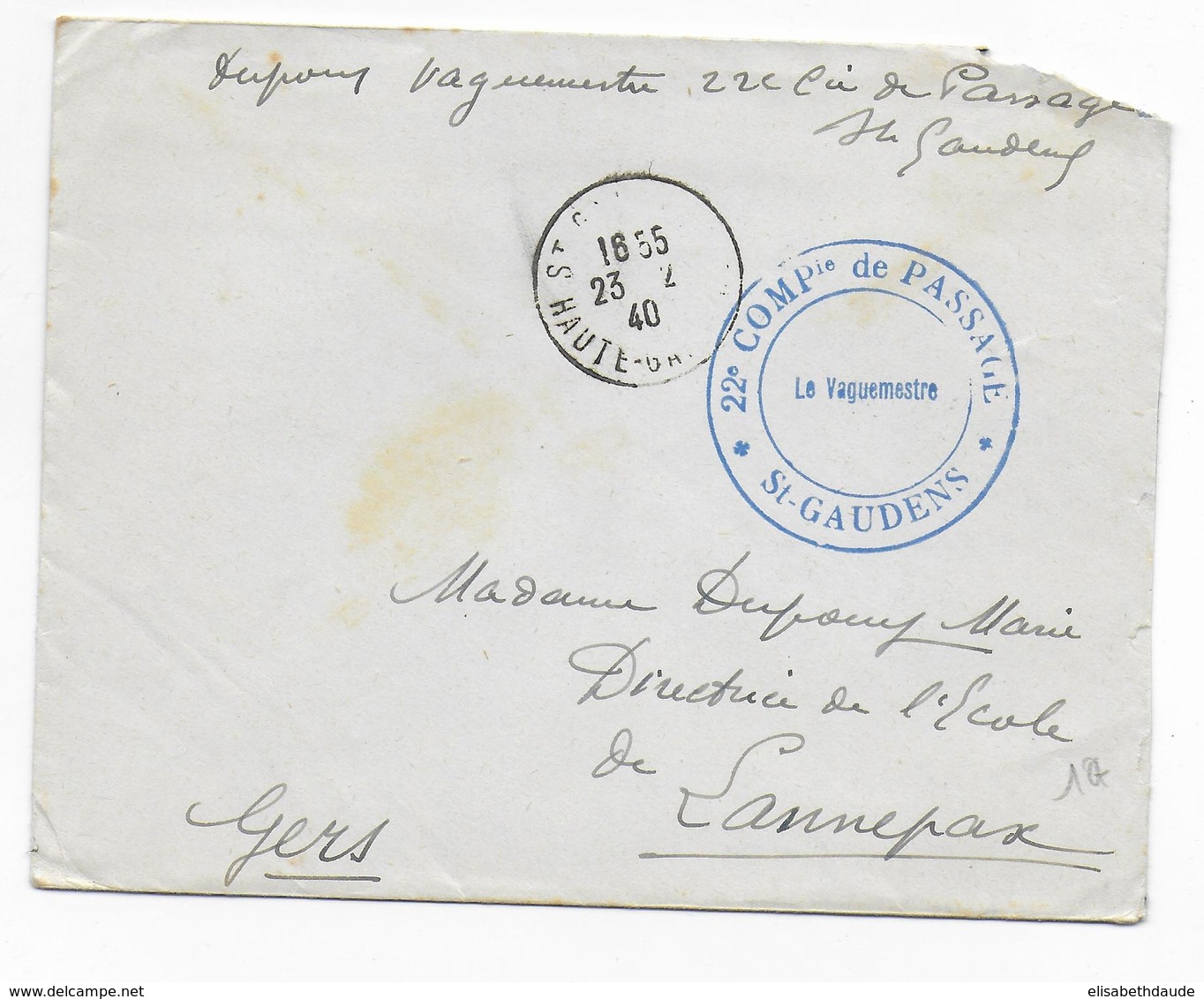 1940 - LETTRE FM De La 22° Cie De PASSAGE à ST GAUDENS (HAUTE GARONNE) ! => LANNEPAX (GERS) - Guerre De 1939-45