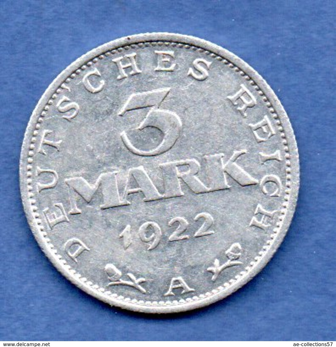 Allemagne  -  3 Mark 1922 A   --  état  TTB+ - 3 Mark & 3 Reichsmark