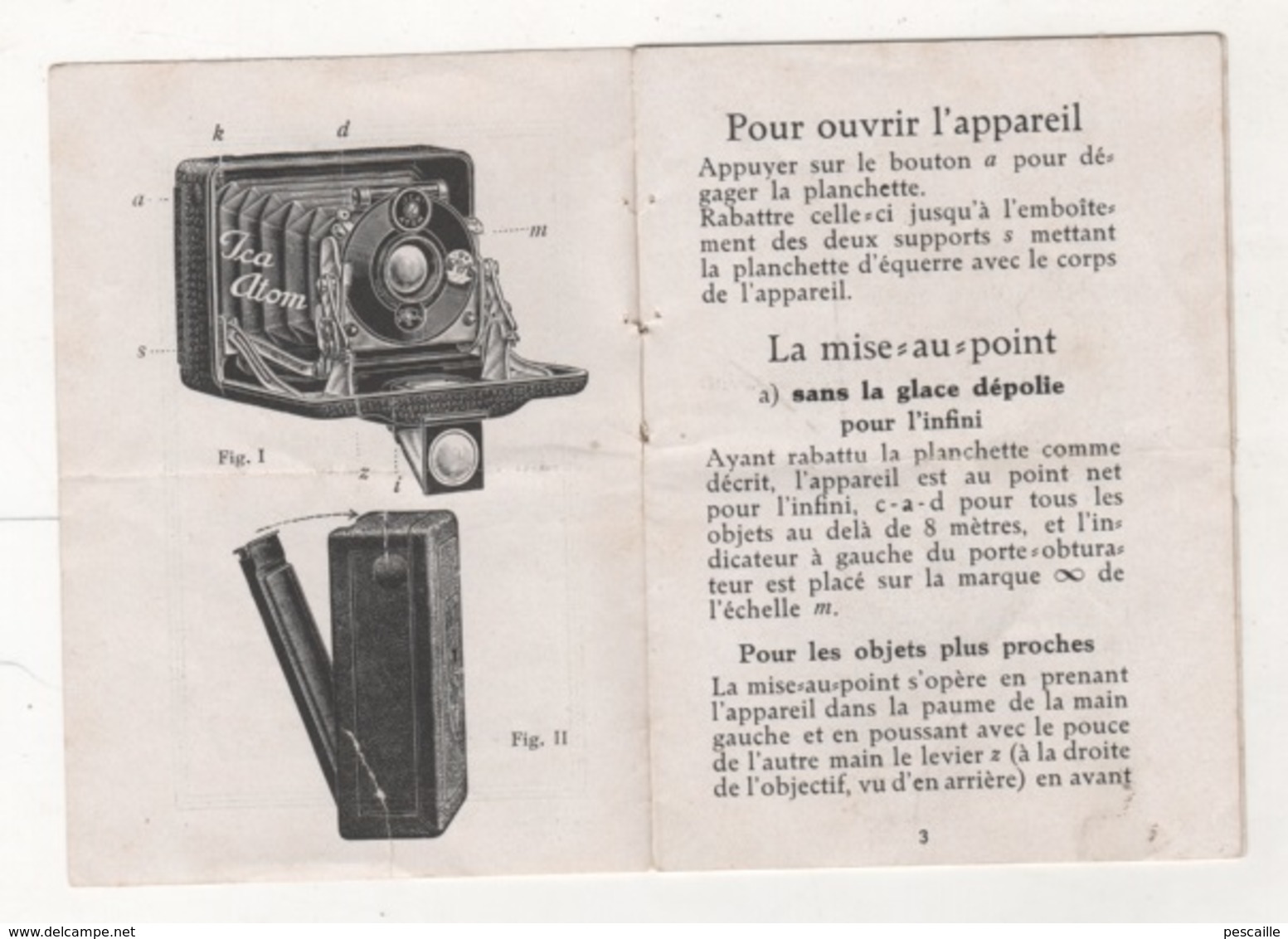 INSTRUCTION POUR MANIEMENT APPAREIL PHOTOGRAPHIQUE ICA ATOM N° 53 - J. GAMBS PLACE DES JACOBINS LYON - Cámaras Fotográficas