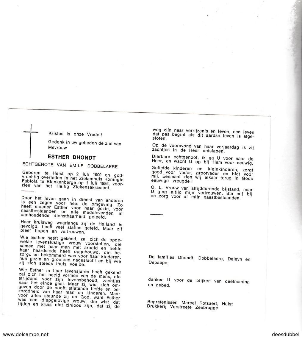 E.DHONDT °HEIST 1909 +BLANKENBERGE 1986 (E.DOBBELAERE) - Images Religieuses