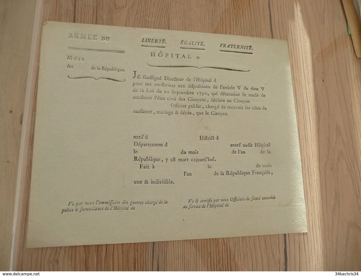 Militaria Militaire Pièce Vierge XVIII ème Hôpital Révolution Attestation De Naissance - Documents