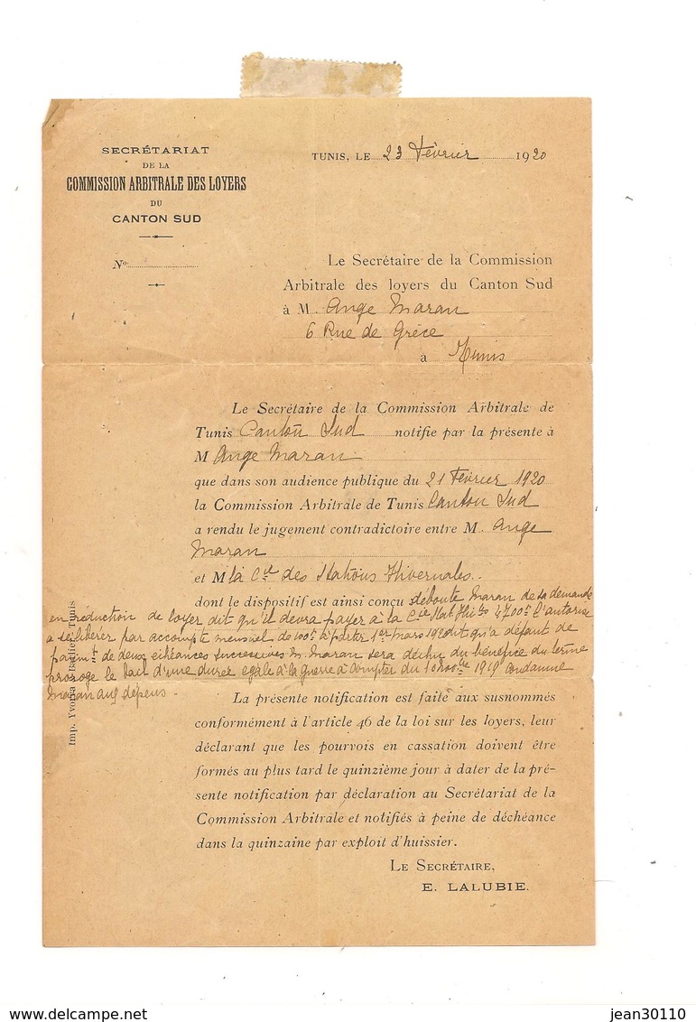 1920 LETTRE DE SECRÉTARIAT DE LA COMMISSION ARBITRALE DES LOYERS - Brieven En Documenten