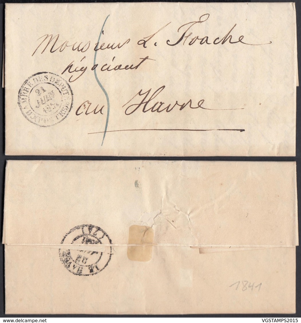 FRANCE LETTRE DATE PARIS 21/06/1841 "CHAMBRE DES DEPUTES" VERS LE HAVRE (VG) DC-5190 - 1801-1848: Precursori XIX