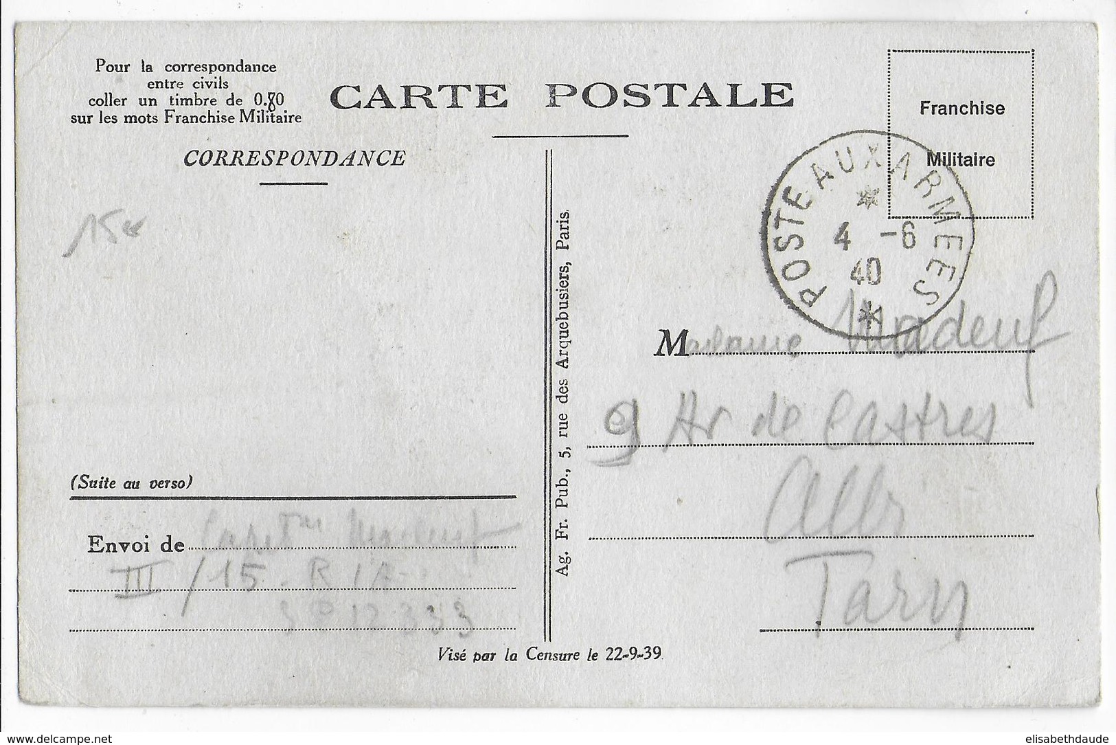 1940 - CARTE FM Du SP 12333 => ALBI (TARN) - Guerre De 1939-45
