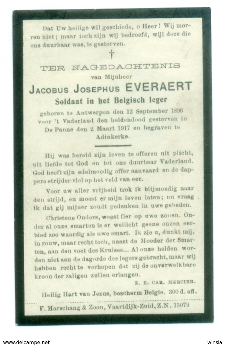 WO1 / WW1 - Doodsprentje Everaert Jacobus - Antwerpen / De Panne - Gesneuvelde - Obituary Notices