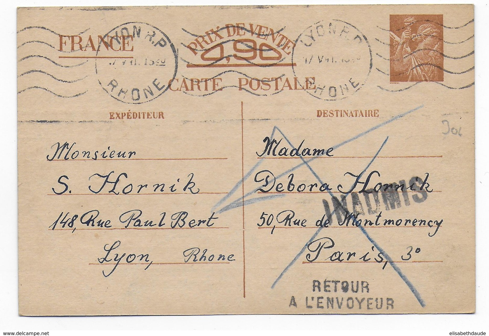 1941 - CARTE ENTIER IRIS ECRITE En ALLEMAND ! INADMIS De LYON => PARIS => RETOUR - Guerre De 1939-45