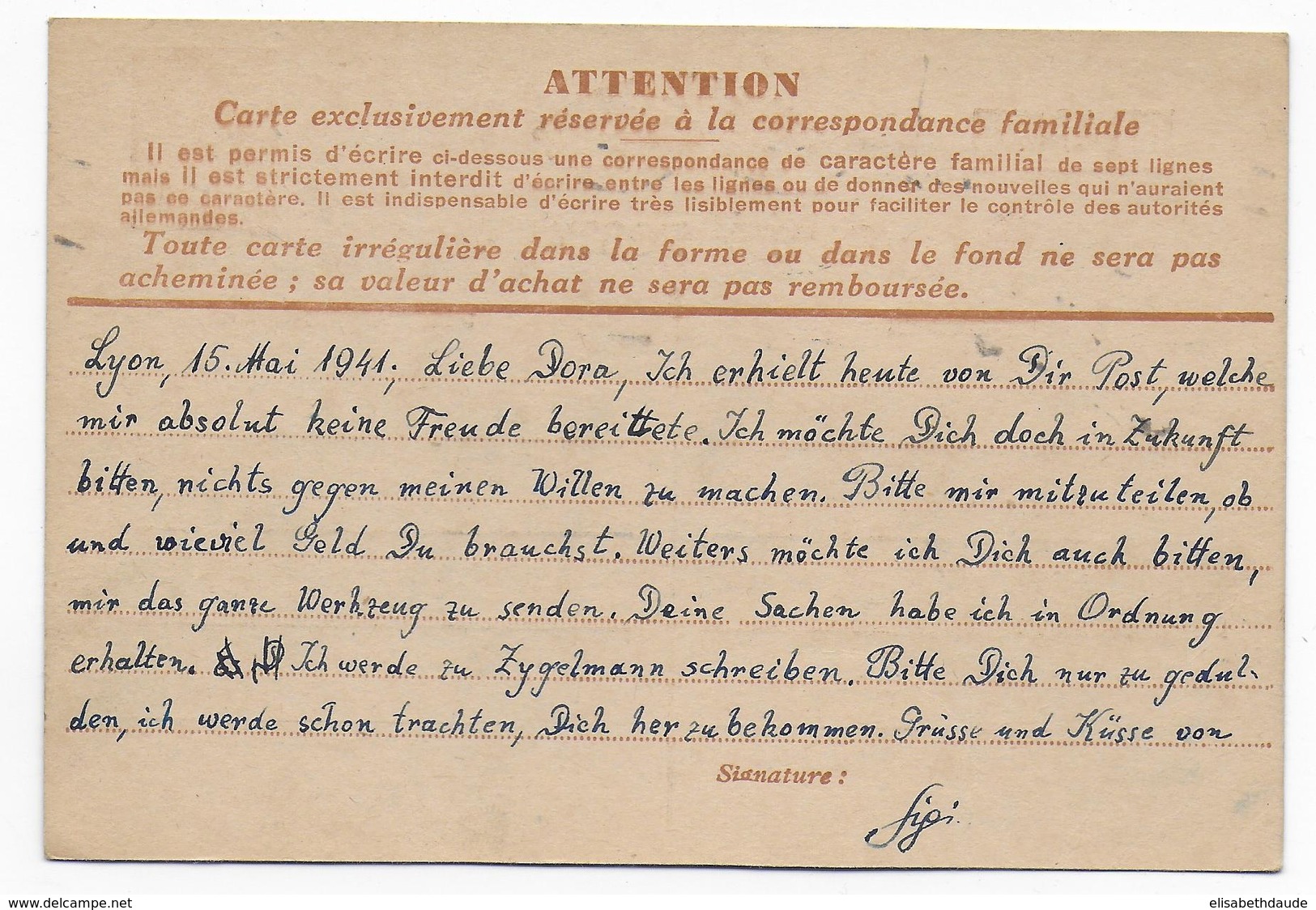 1941 - CARTE ENTIER IRIS ECRITE En ALLEMAND ! INADMIS De LYON => PARIS => RETOUR - Guerre De 1939-45