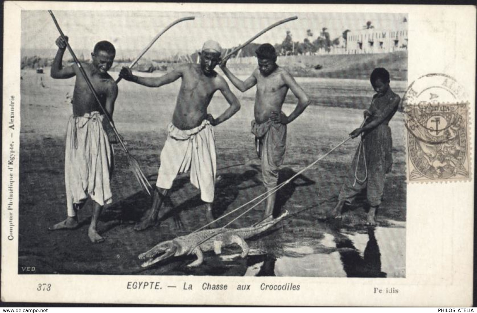 YT Blanc Alexandrie 107 CAD Alexandrie Egypte 4 Août 1904 Bureau Français à L'étranger CP Egypte La Chasse Au Crocodiles - Oblitérés