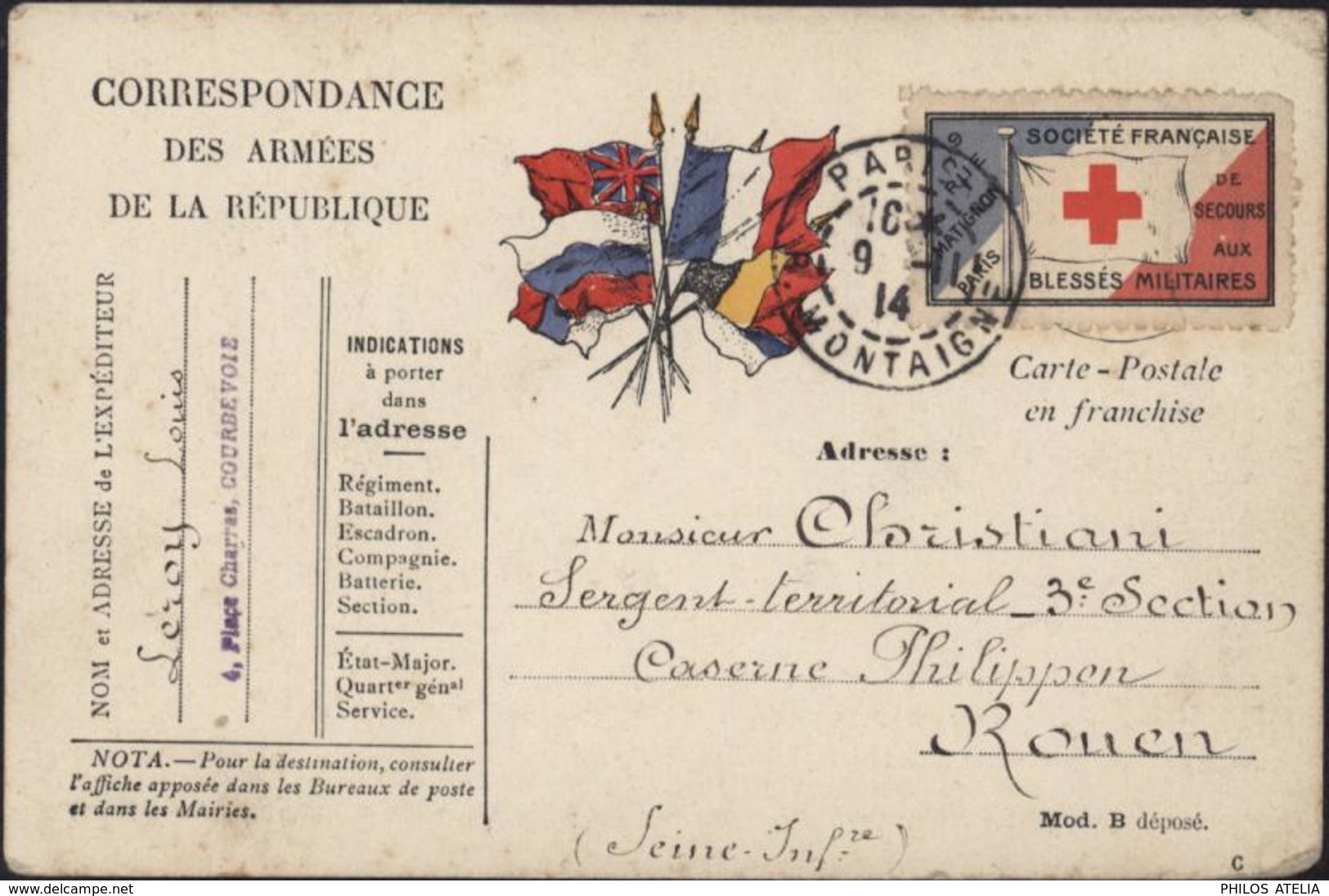 Guerre 14 CP FM Correspondance Armées République Drapeaux Alliés Vignette Croix Rouge Française Secours Blessés - Guerra De 1914-18