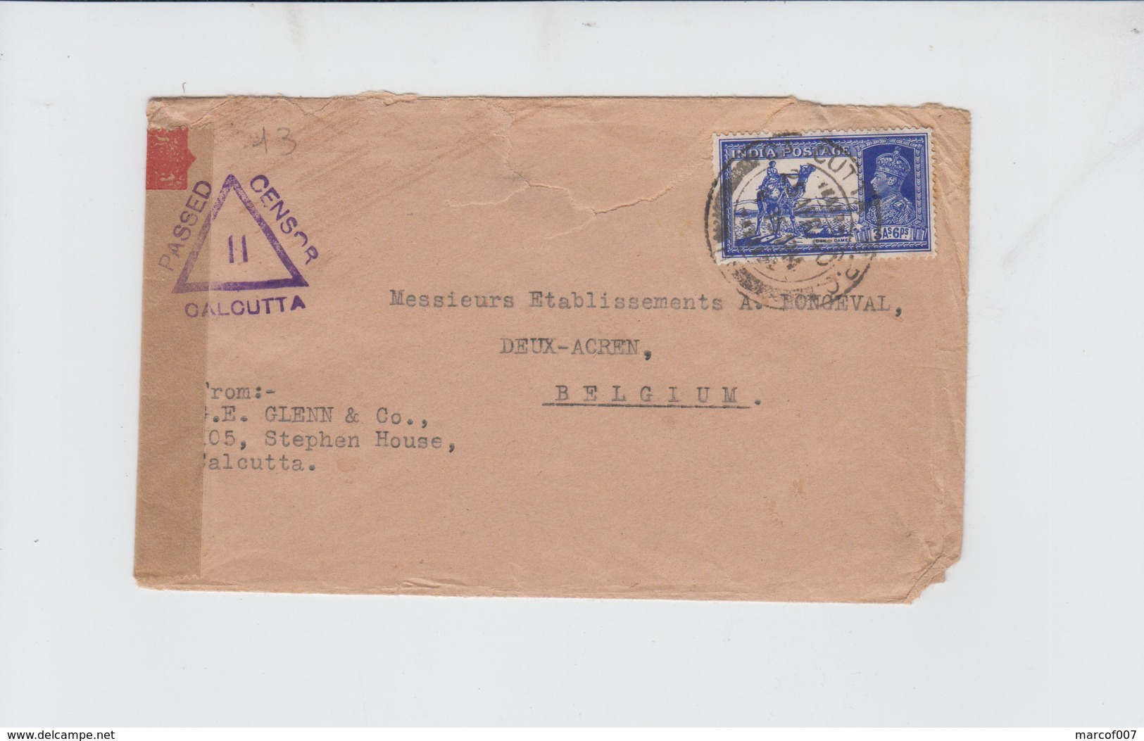 ENVELOPPE DE CALCUTTA  POUR BELGIQUE - DEUX ACREN PASSED BY CENSOR CALCUTTA II - 25/04/1940 - Autres & Non Classés