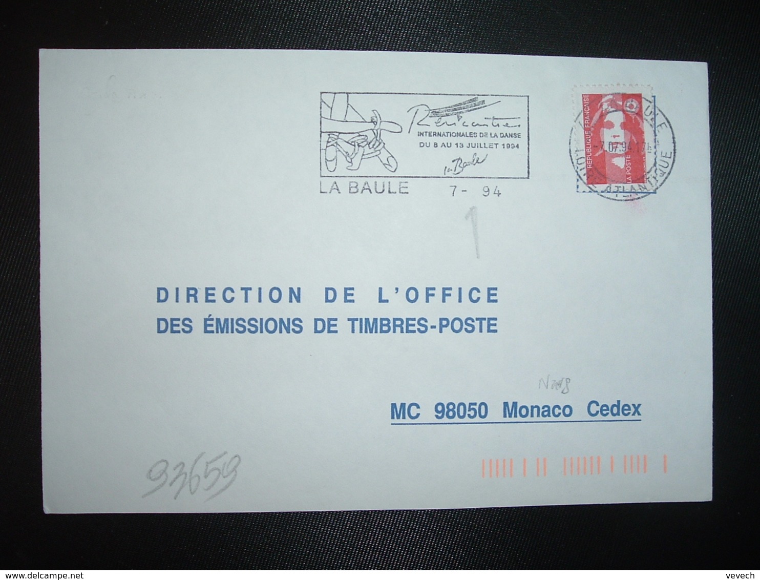 LETTRE TP M. DE BRIAR TVP ROUGE OBL.MEC. VARIETE 7.07.94 44 LA BAULE LOIRE-ATLANTIQUE + LA DANSE - Oblitérations Mécaniques (flammes)