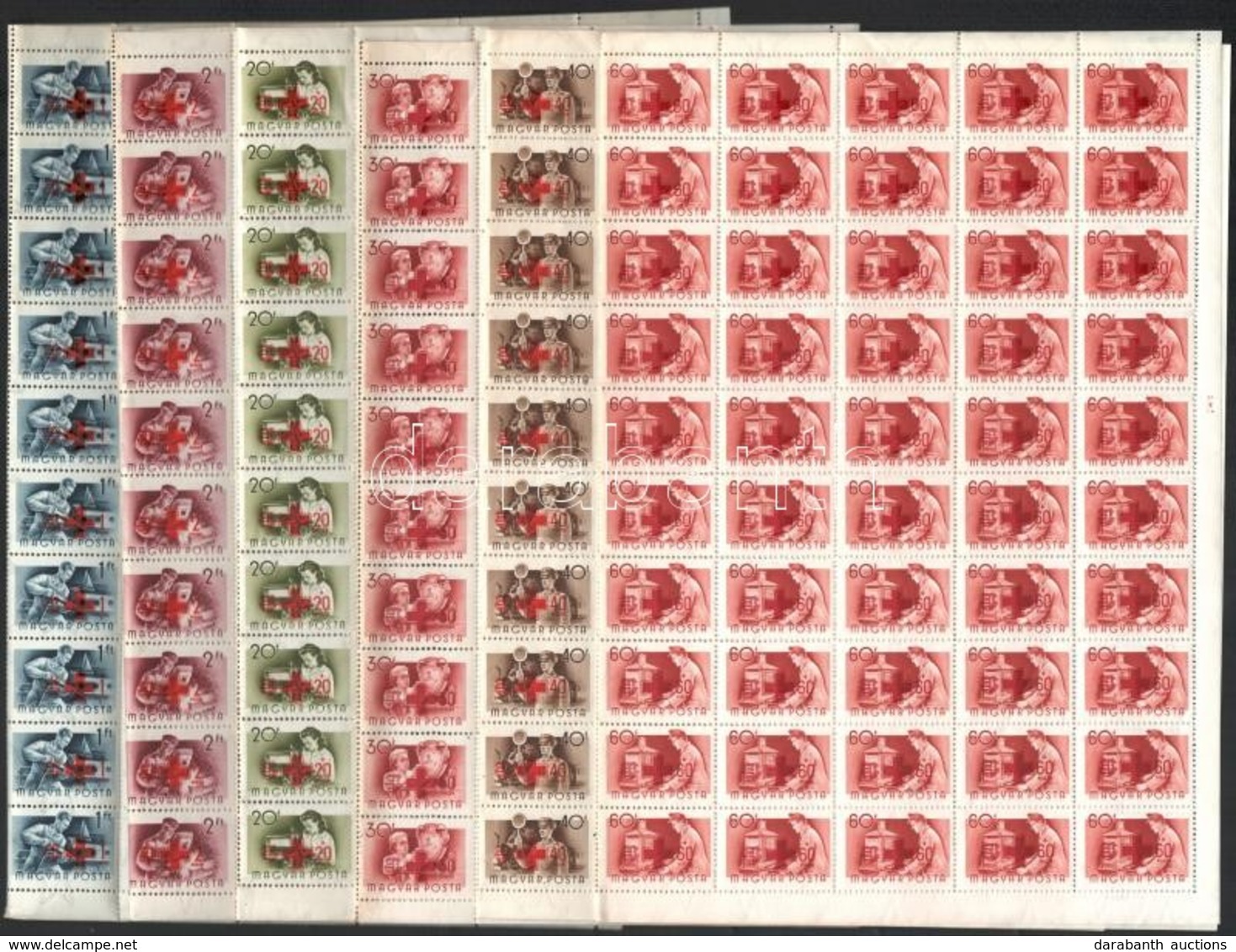 ** 1957 Vöröskereszt 100 Sor Hajtott Teljes ívekben (90.000) / Mi 1482-1487 Folded Complete Sheets Of 100 (gyártási Ránc - Sonstige & Ohne Zuordnung