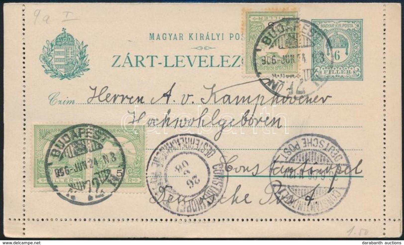 1906 Turul 5f Pár + 1 Bélyeggel Kiegészített 6f Díjjegyes Zárt Levelezőlap Budapestről A Konstantinápolyi Német Postára  - Sonstige & Ohne Zuordnung