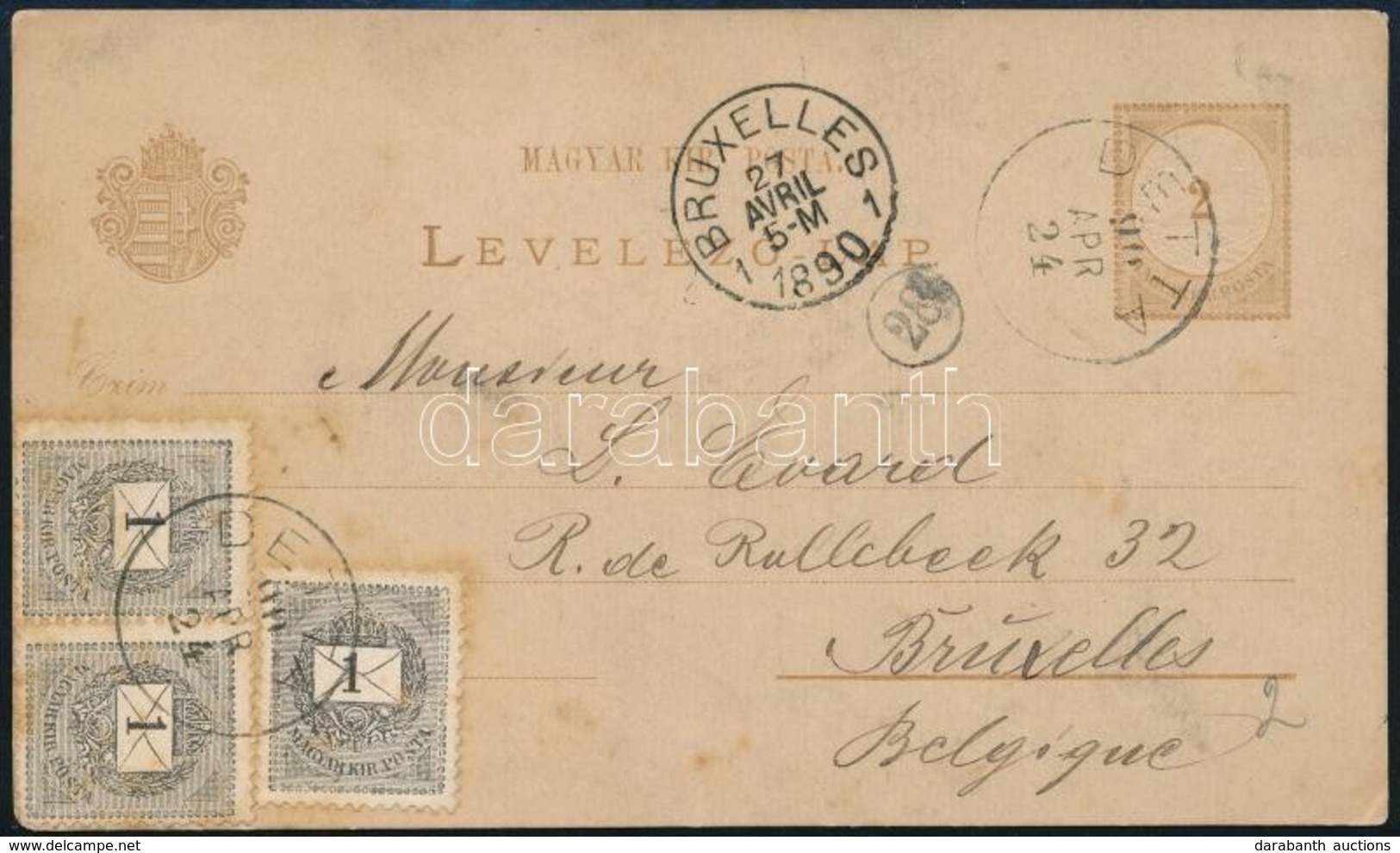 1890 2kr Díjjegyes Levelezőlap 3 X 1kr Díjkiegészítéssel Dettáról Belgiumba - Sonstige & Ohne Zuordnung
