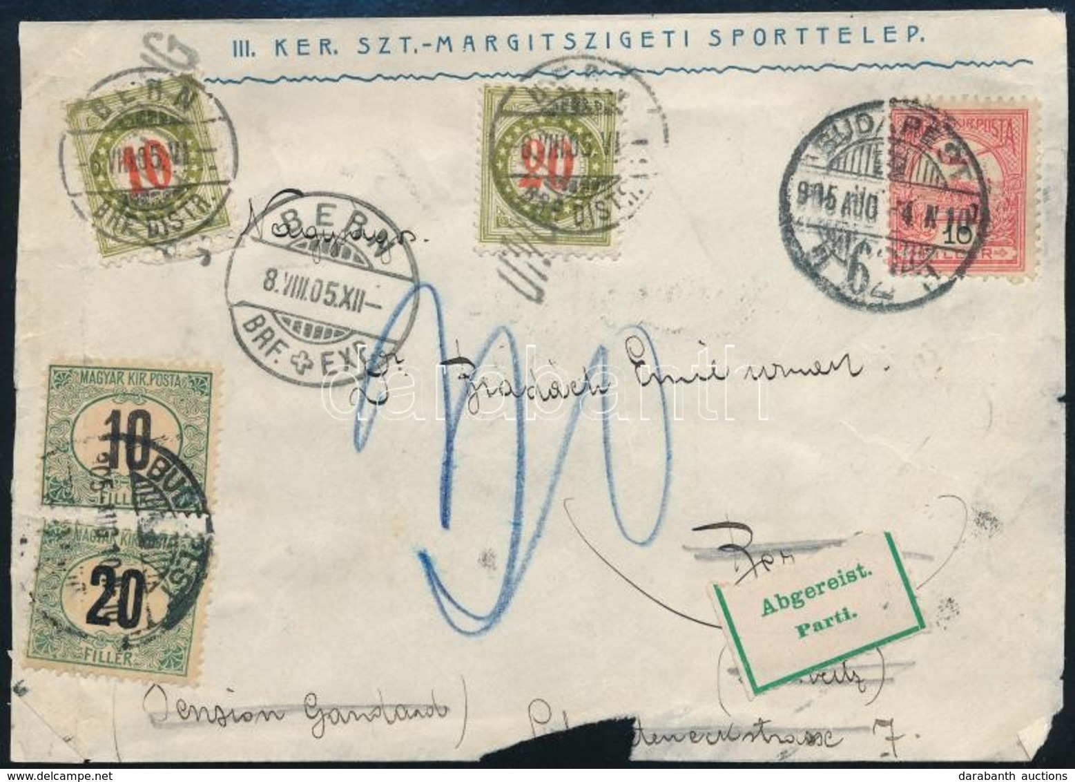 1905 Svájcba Küldött Levél Előlapja Turul 10f Bélyeggel, Svájci Portóbélyegekkel, Amelyeket érvénytelenítettek, Mert A C - Autres & Non Classés