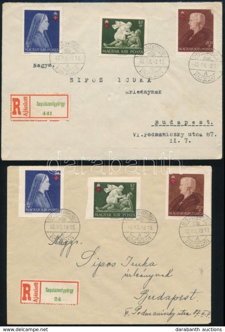 1942 Vöröskereszt II. Sor Fogazott és Vágott Bélyegei 2 Db Ajánlott Levélen Sepsiszentgyörgyről Budapestre (1 Bélyeg Sér - Other & Unclassified
