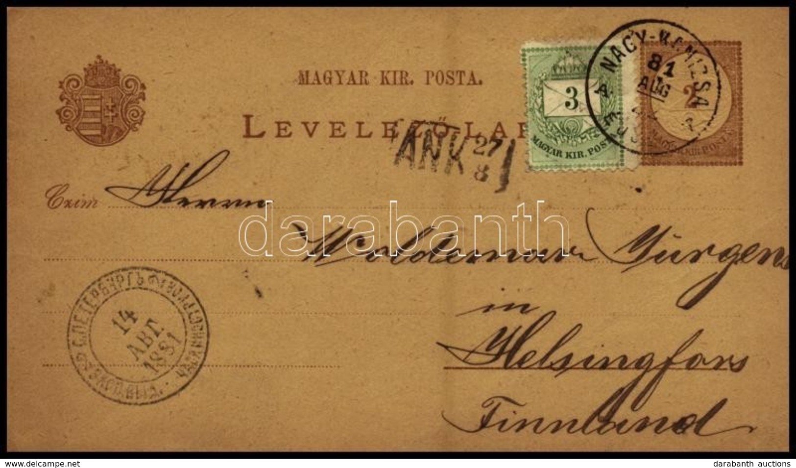 1881 2kr Díjjegyes Levelezőlap Színes Számú 3kr Díjkiegészítéssel Finnországba - Other & Unclassified