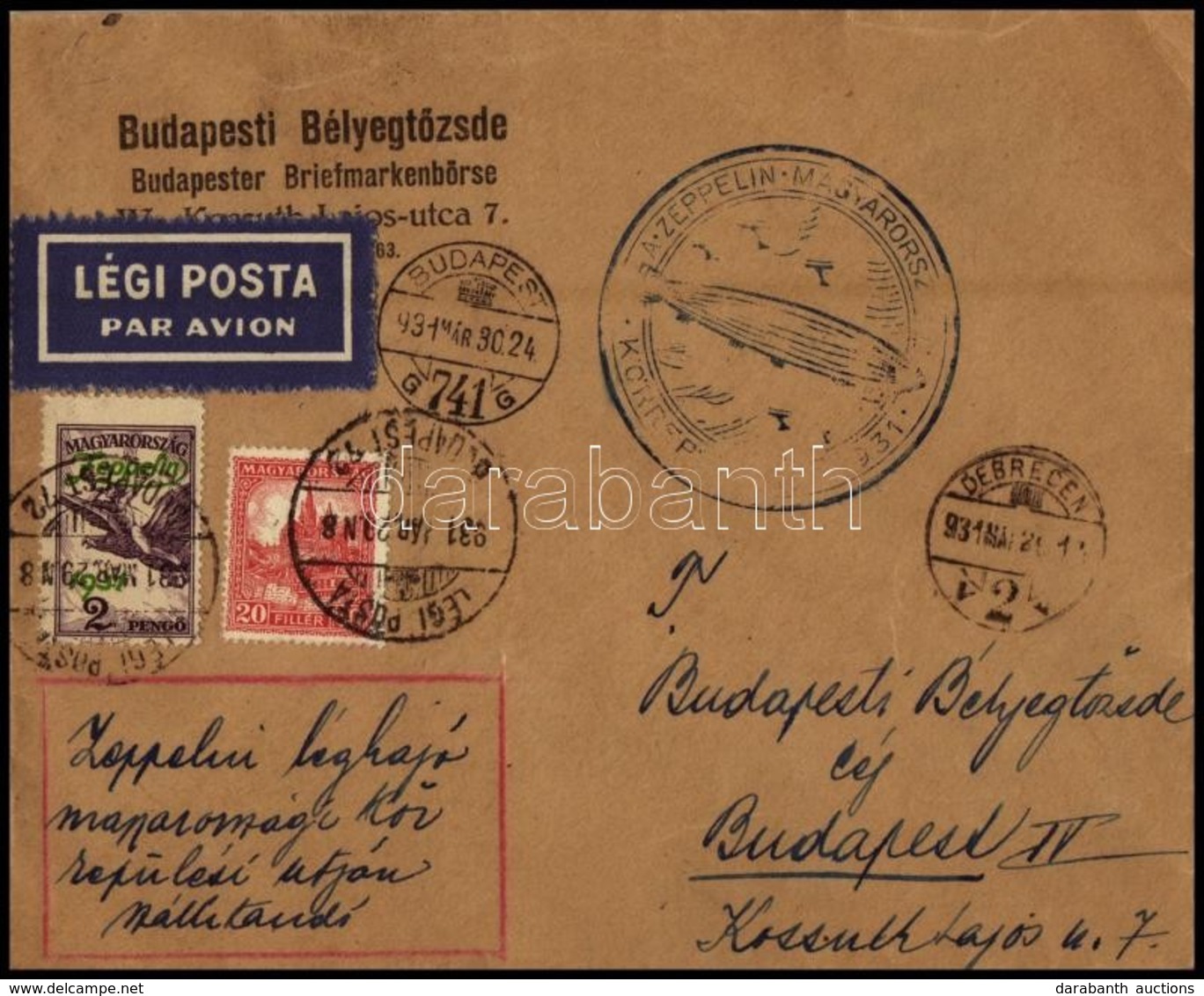 1931 Zeppelin Magyarországi Körrepülés Levél 2P Zeppelin Bérmentesítéssel, Debreceni Ledobással - Other & Unclassified
