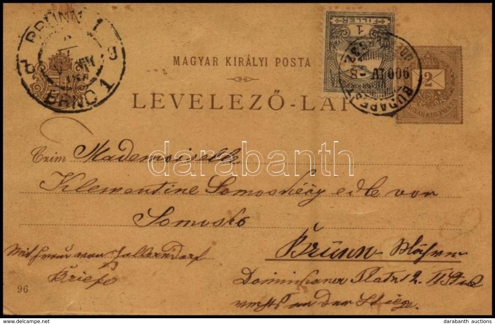 1900 Vegyes Bérmentesítés: 2kr Díjjegyes Milleniumi Képeslap Turul 1f Díjkiegészítéssel, 'BUDAPEST - ODERBERG 37.' Vasút - Other & Unclassified