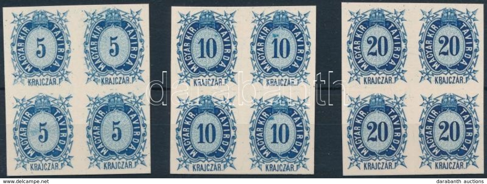 (*) 1874 Távírda 5kr, 10kr, 20kr, Az Eredeti Nyomólemezzel Készült Négyes Tömbök Karton Papíron - Autres & Non Classés