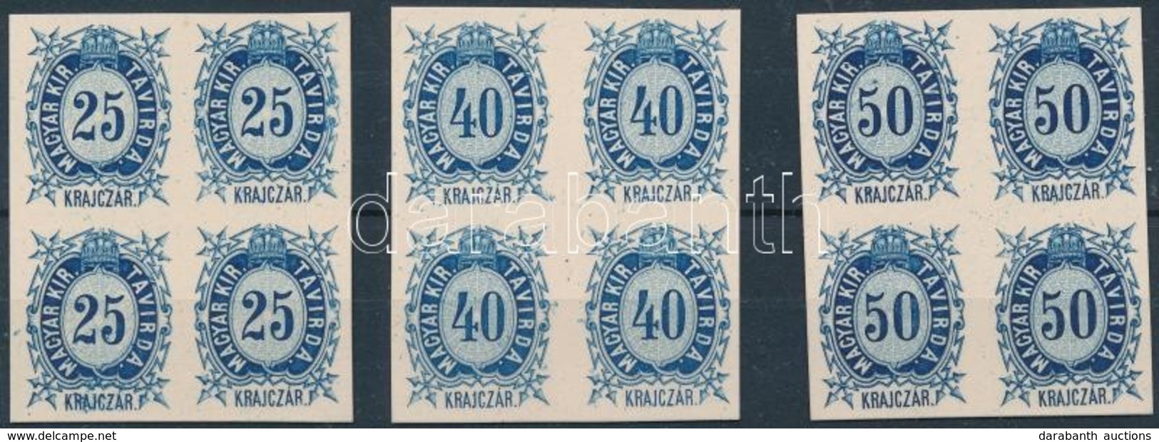 (*) 1874 Távírda 25kr, 40kr, 50kr, Az Eredeti Nyomólemezzel Készült Négyes Tömbök Karton Papíron - Autres & Non Classés