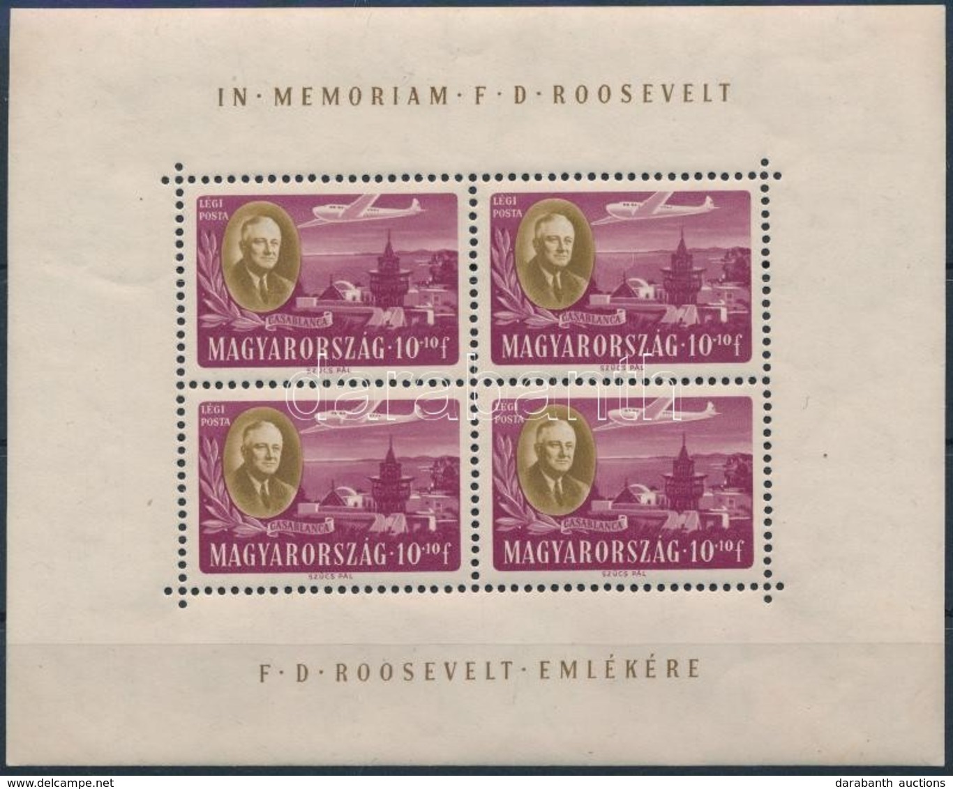 ** 1947 Roosevelt Légiposta 10f Kisív (rozsda A Hátoldalon / Stain On Backside) - Autres & Non Classés