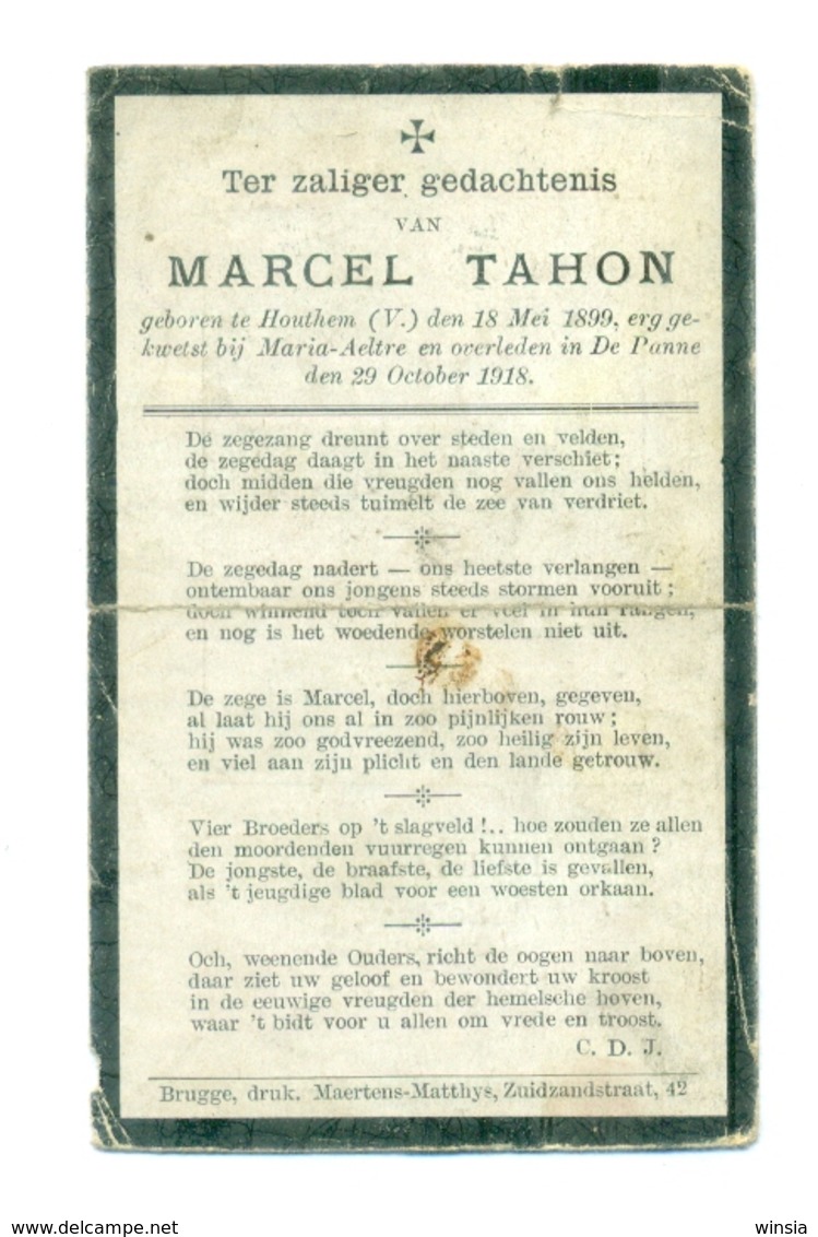 WO1 / WW1 - Doodsprentje Tahon Marcel - Houtem / Maria-Aalter / De Panne - Gesneuvelde - Obituary Notices