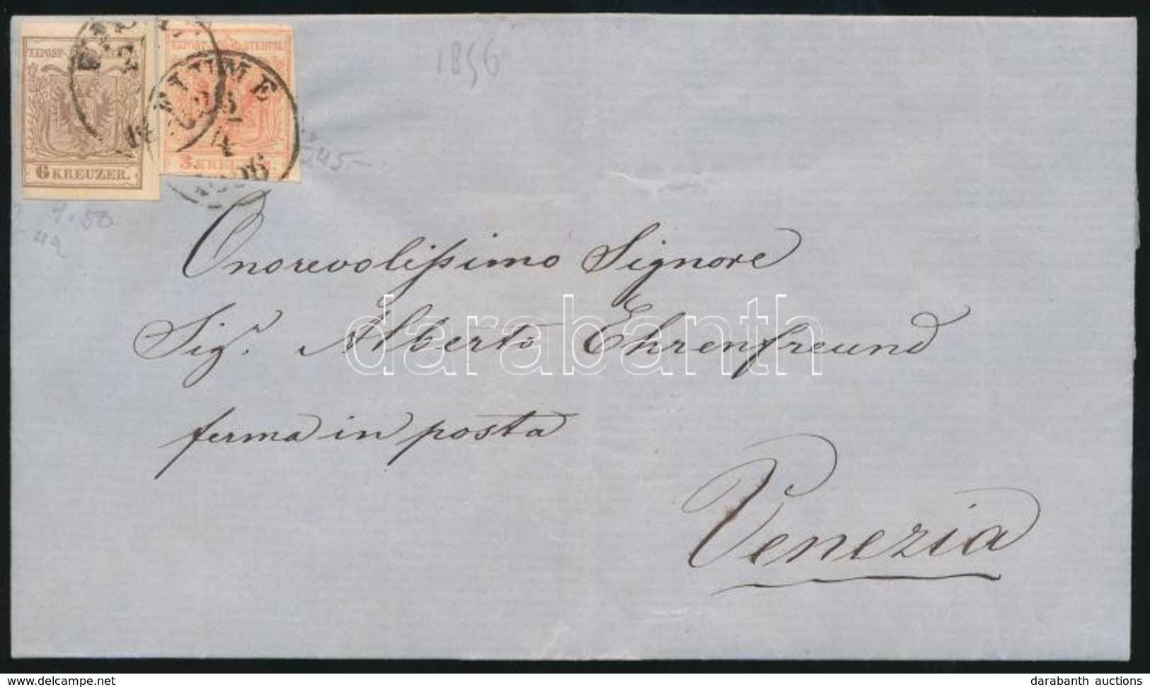 1856 3kr + 6kr Levélen / On Cover 'FIUME 1856' - Venezia - Other & Unclassified