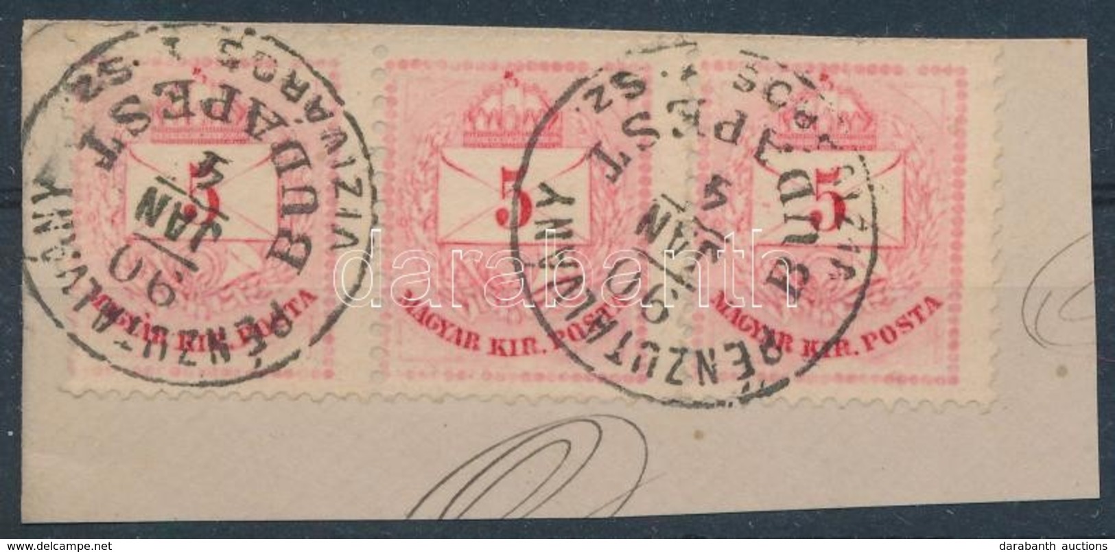 1881 Színesszámú 5kr Hármascsík Kivágáson 'PÉNZUTALVÁNY / BUDAPEST / VIZIVÁROS SZ' - Sonstige & Ohne Zuordnung