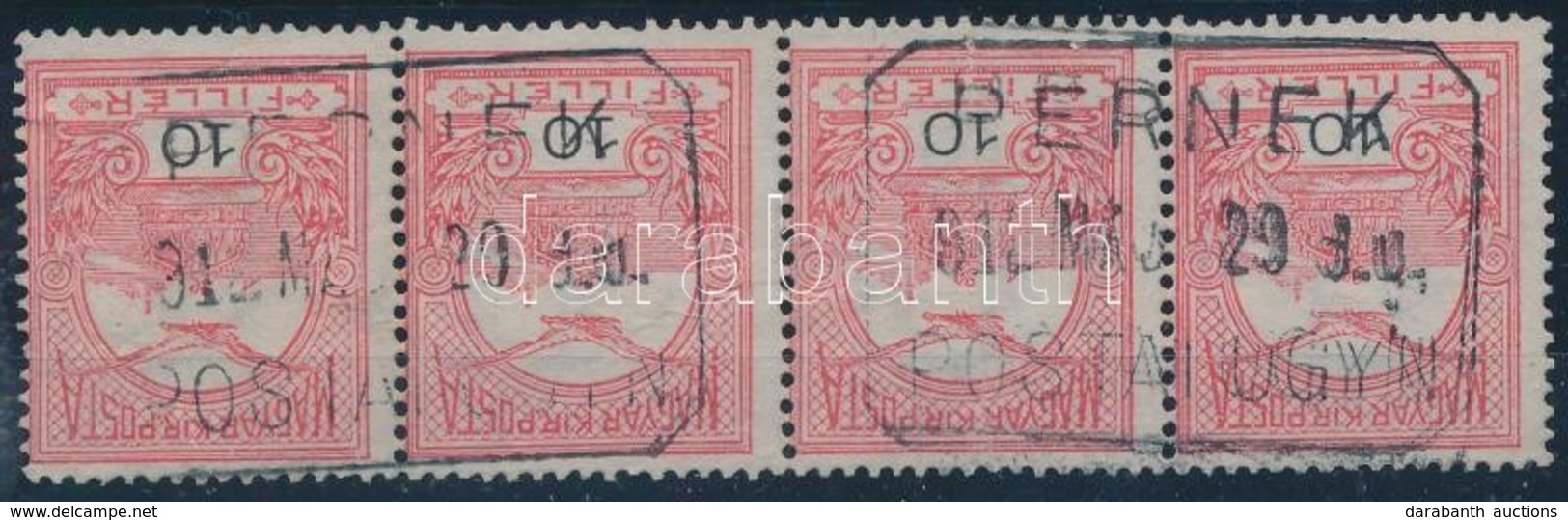 O 1909 Turul 10f Négyescsík, 3-as Vízjelállás  'PERNEK' Postaügynökségi Bélyegzővel - Autres & Non Classés