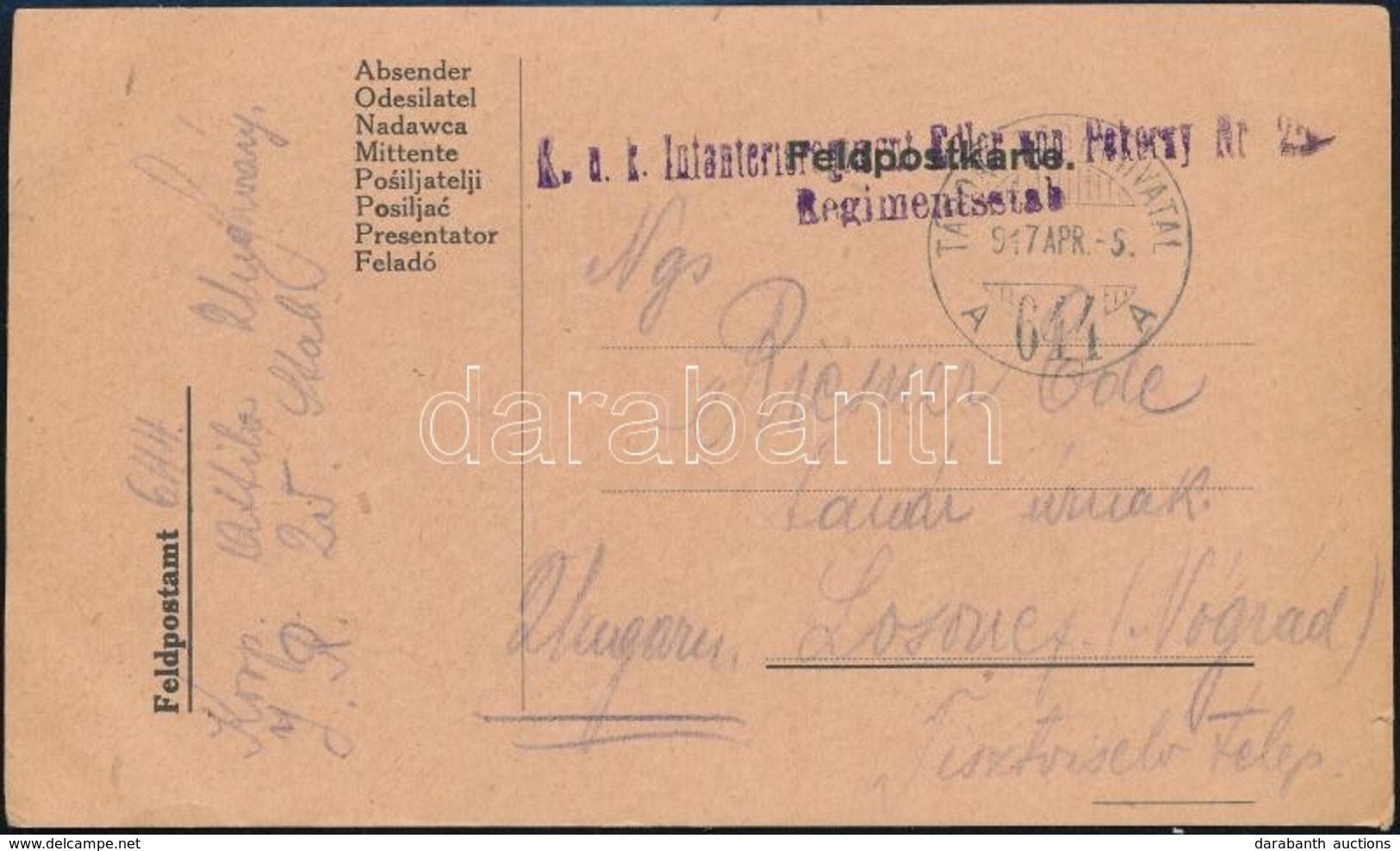 1917 Tábori Posta Levelezőlap 'K.u.k. Infanterieregiment Edler Von Pokorny Nr.25.' + 'TP 644 A' - Other & Unclassified