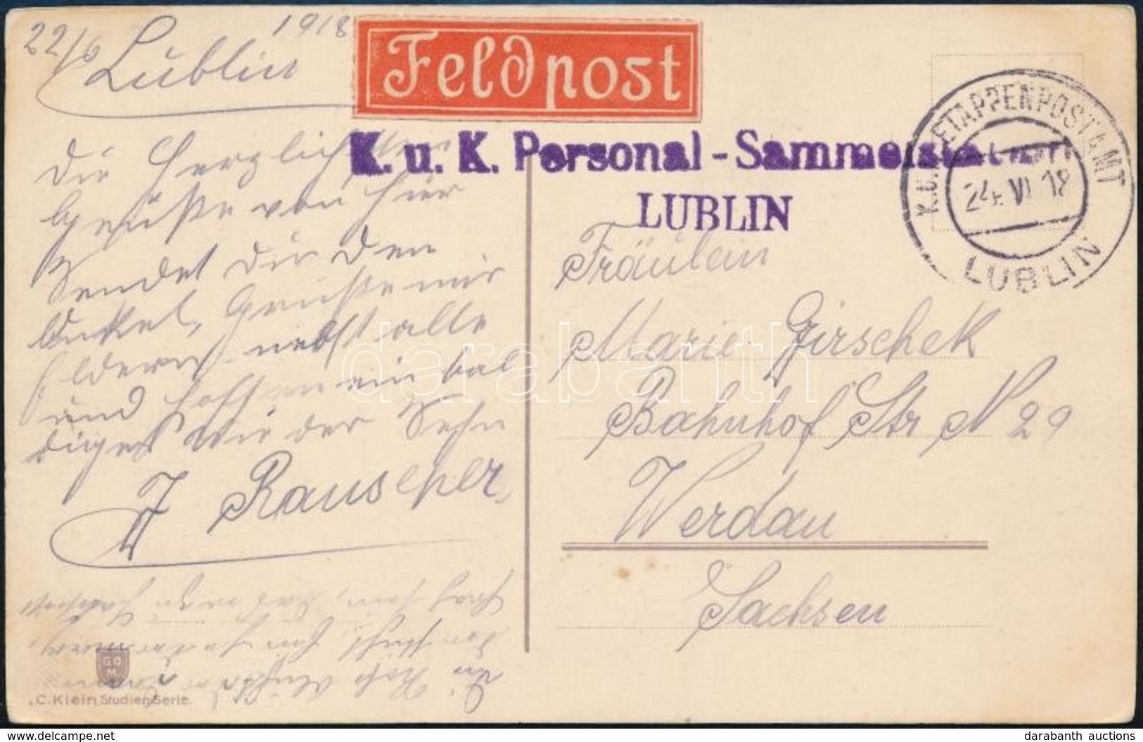 1918 Tábori Posta Képeslap 'K.u.K. Personal-Sammelstelle Lublin' + 'EP LUBLIN' - Sonstige & Ohne Zuordnung